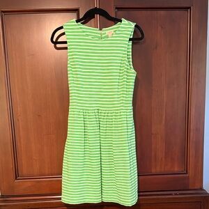 J. Crew Green and White Striped Dress with gold zipper back and pockets